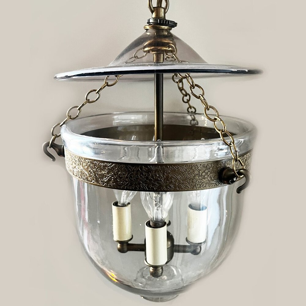 Antique, Vintage Rare Glass Bell Jar / Pendant Lamp with Floral Brass Band